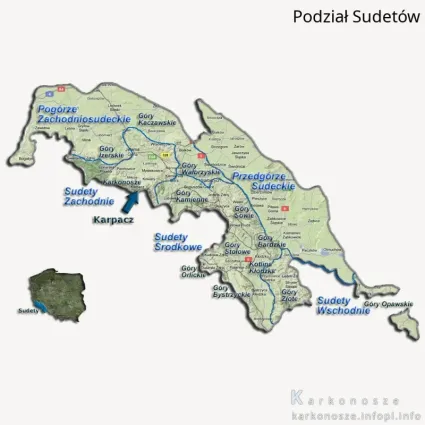 Mapa z podziałem Sudetów